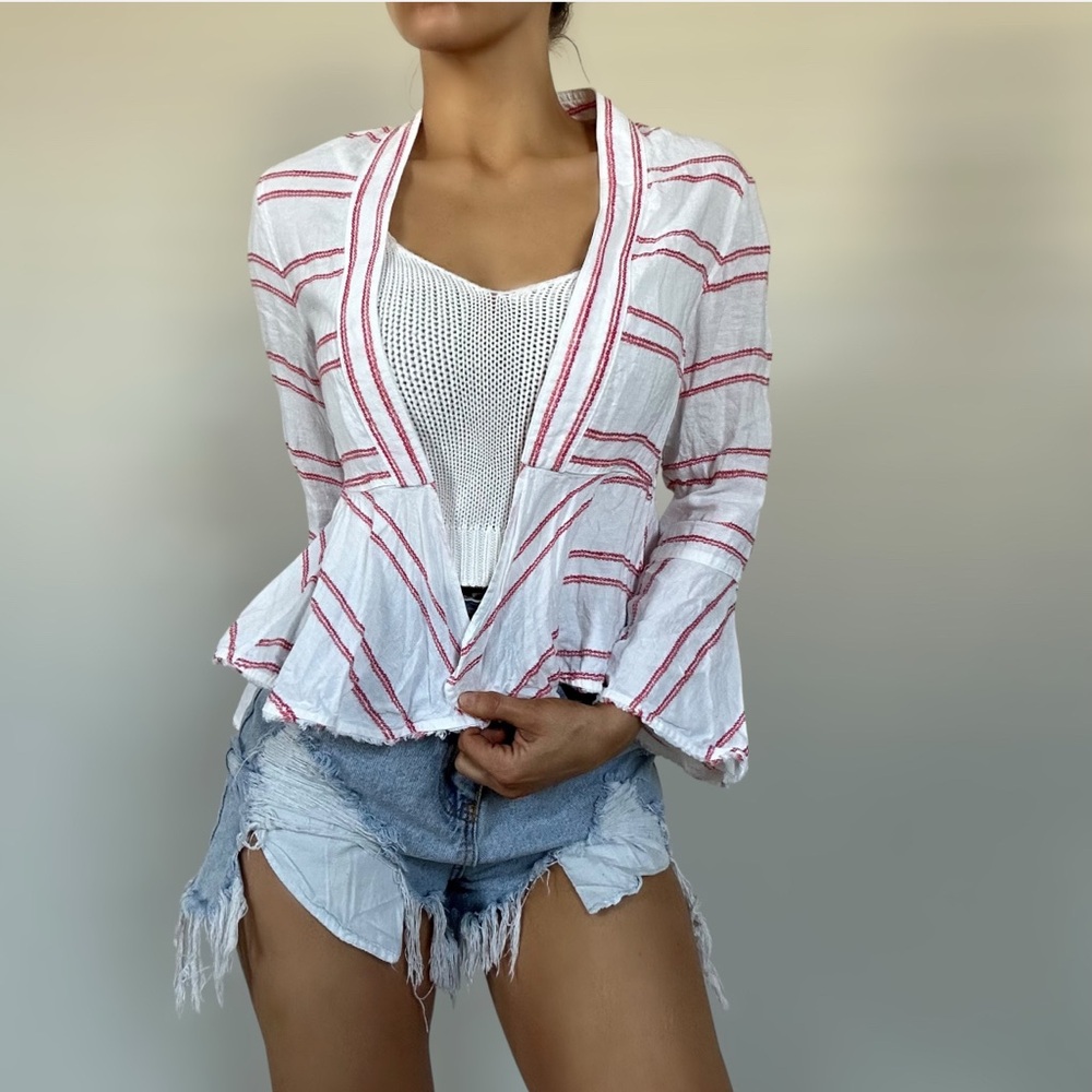 Tommy Bahama Linen Striped White & Pink Peplum Cardigan with Bell Sleeves - XS